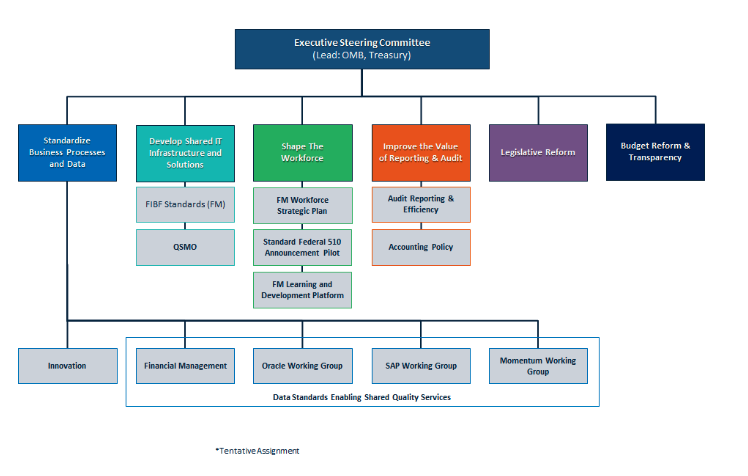 Hierarchy Row 1 (from top): Executive Steering Committee (Lead: OMB, Treasury) Hierarchy Row 2: Standardize Business Process and Data -Innovation, Financial Management Oracle Working Group, SAP Working Groupm, Momentum Working Group  Develop Shared IT Infrastructure and Solutions FIBF Standards (FM)QSMO Shape the Workforce FM Workforce Strategic Plan Standard Federal 510 Announcement Pilot FM Learning and Development Platform Improve the Value of Reporting & AuditAudit Reporting & Efficiency Accounting Policy Legislative Reform Budget Reform & Transparency